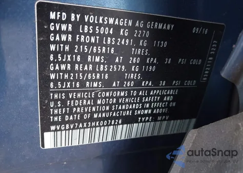 2017 Volkswagen Tiguan 2.0T/2.0T S из США, поврежденный, VIN WVGBV7AX3HK007826